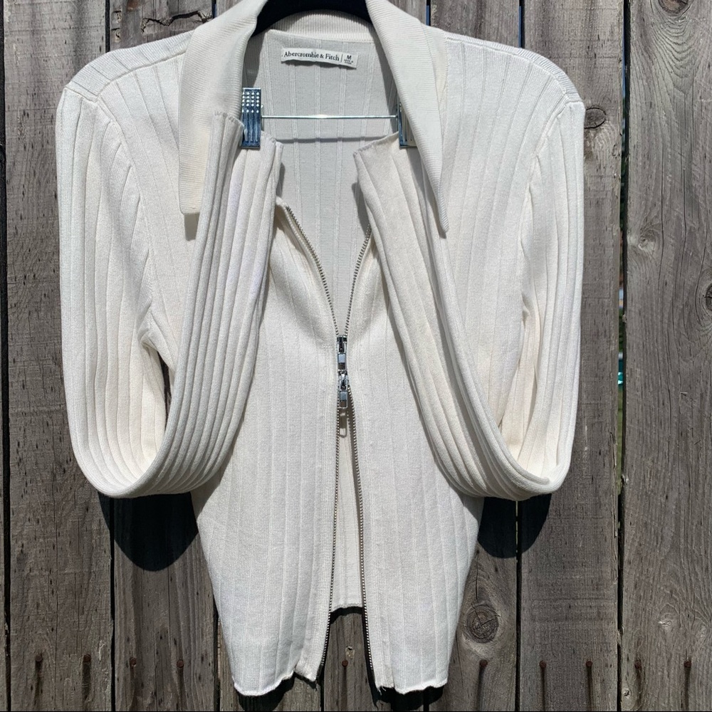 Abercrombie & Fitch Full Zip Long Sleeve Knit Sweater Polo SZ Medium Bone/White